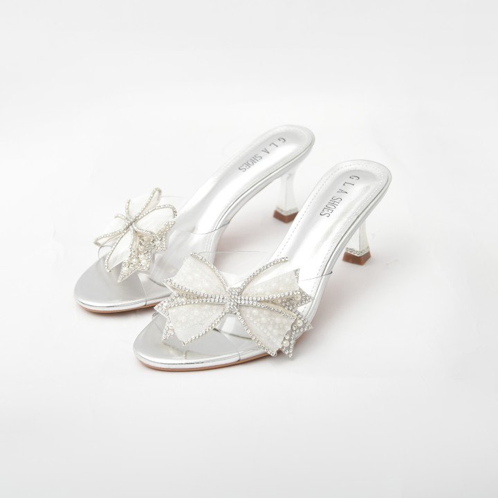 Mule à talon avec nœud strass