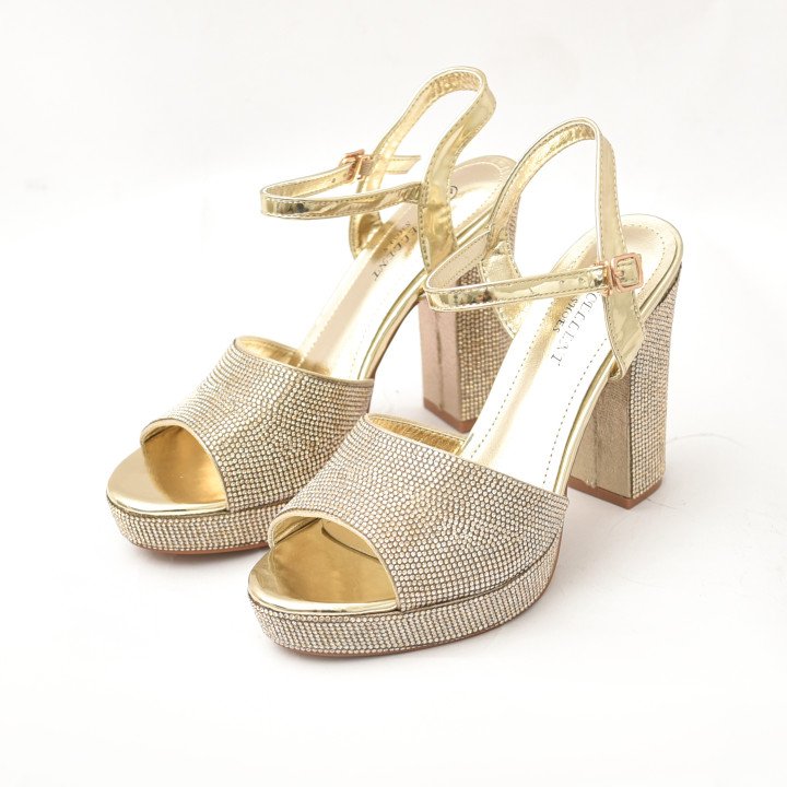 Sandales à Talon Bloc Ornées de Strass