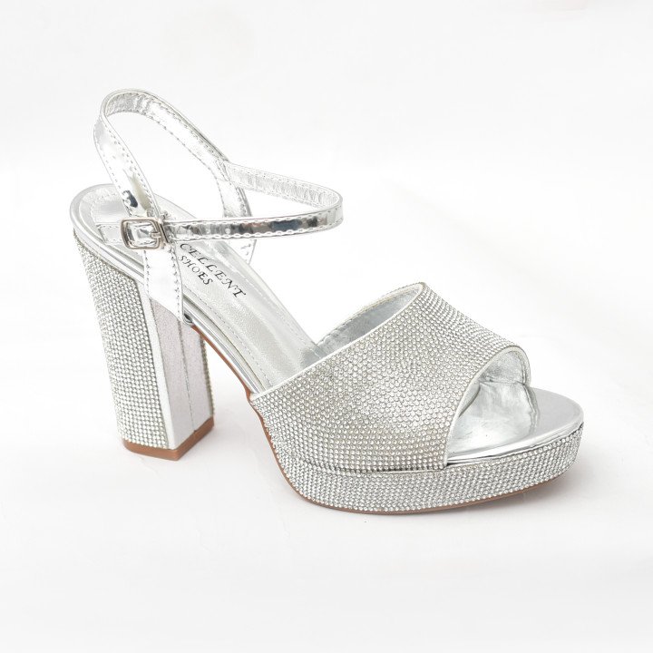 Sandales à Talon Bloc Ornées de Strass