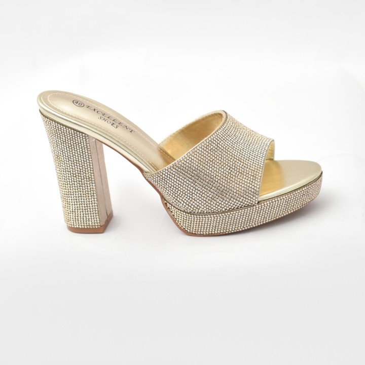 Mules à Talon Bloc Ornées de Strass