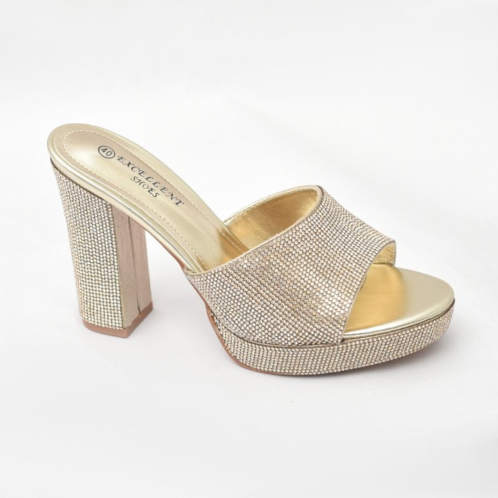 Mules à Talon Bloc Ornées de Strass