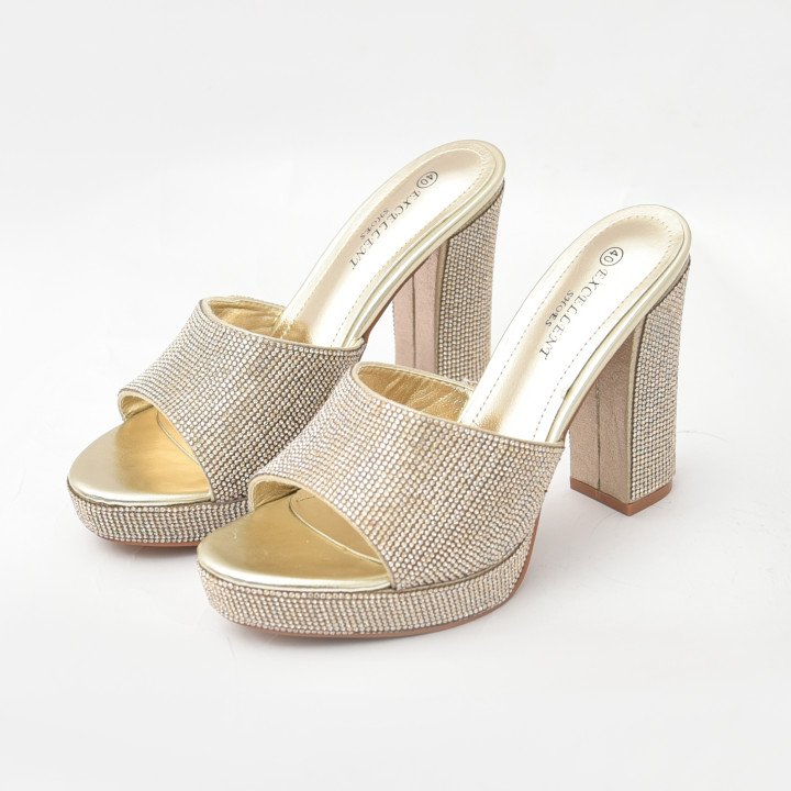 Mules à Talon Bloc Ornées de Strass