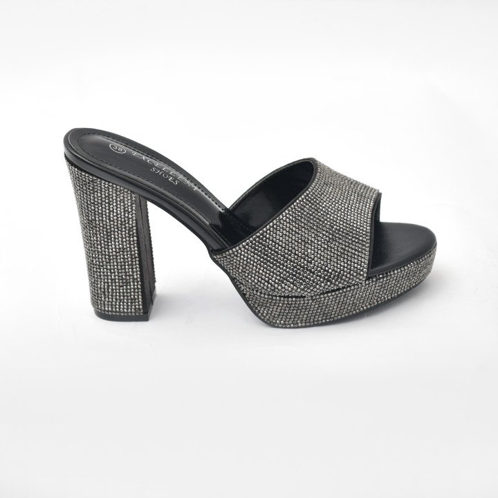 Mules à Talon Bloc Ornées de Strass