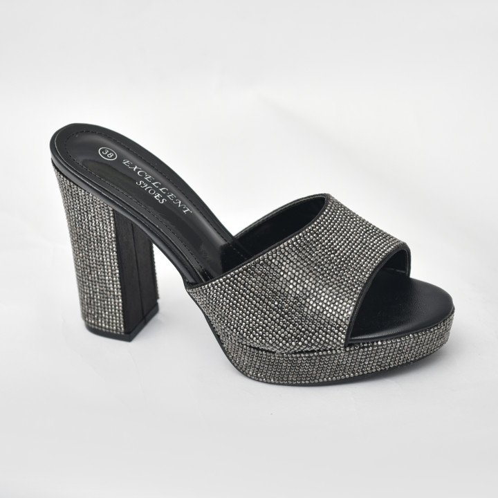 Mules à Talon Bloc Ornées de Strass