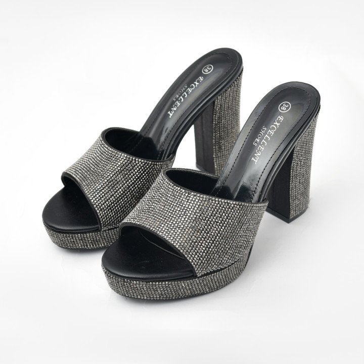 Mules à Talon Bloc Ornées de Strass
