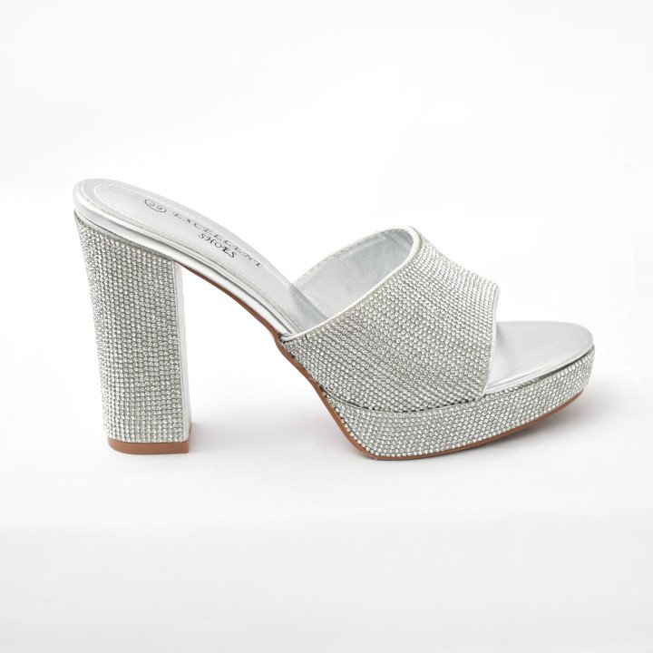 Mules à Talon Bloc Ornées de Strass