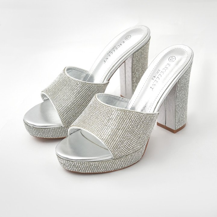 Mules à Talon Bloc Ornées de Strass