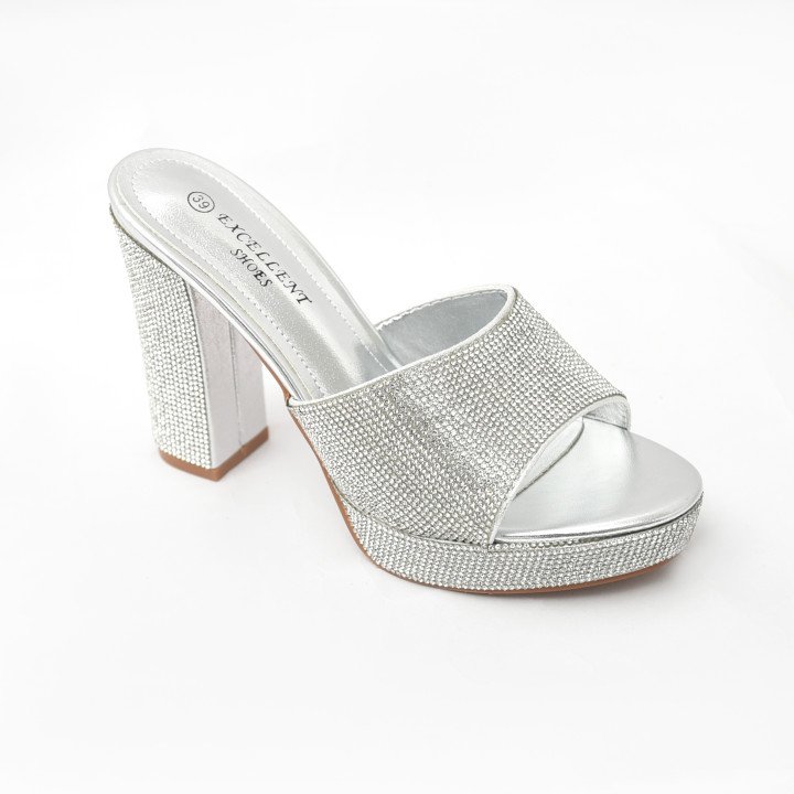 Mules à Talon Bloc Ornées de Strass
