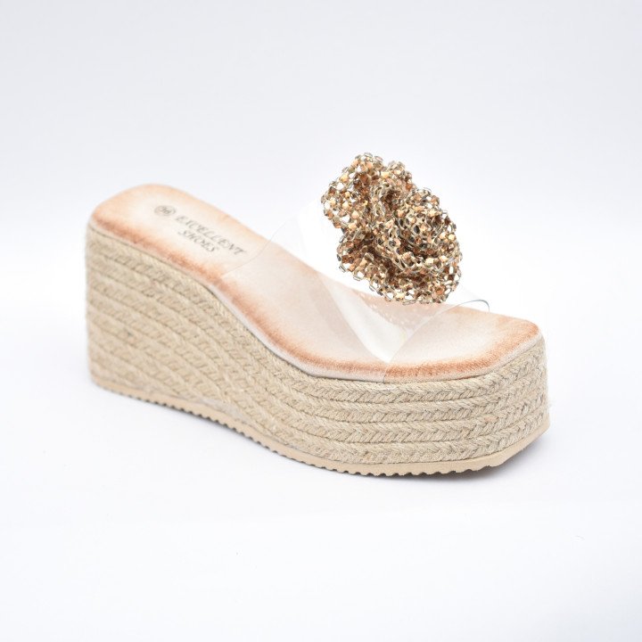 Mule Compensée Transparente Fleur Élégante